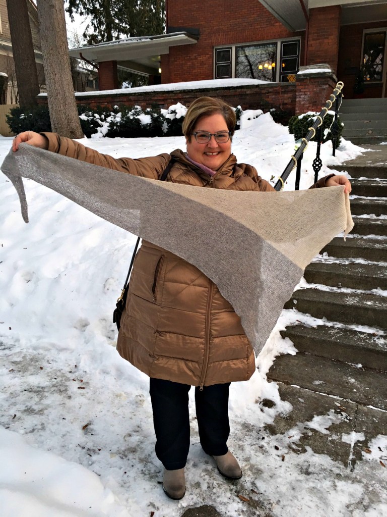 Kathleen Cubley modeling the Lori Knit Shawl